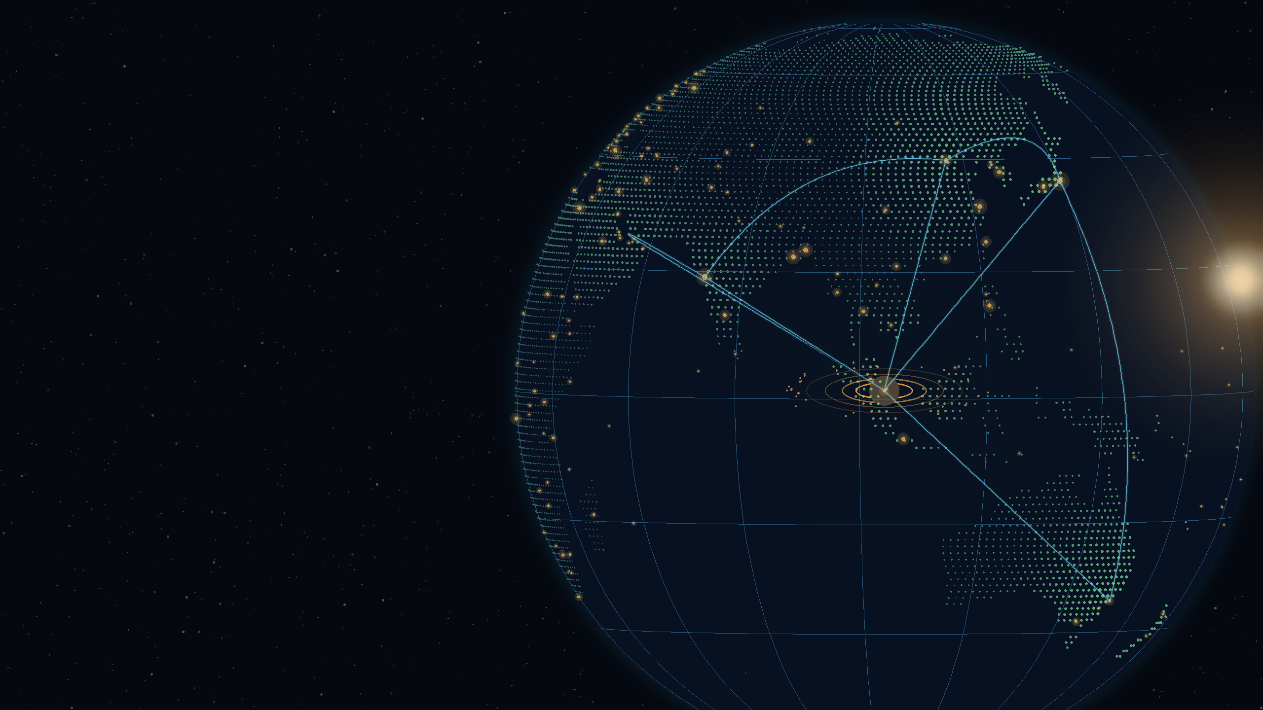Night-side Earth seen from above the Indian Ocean, with city lights, intercontinental arcs and a highlighted digital-twin hub over Singapore.