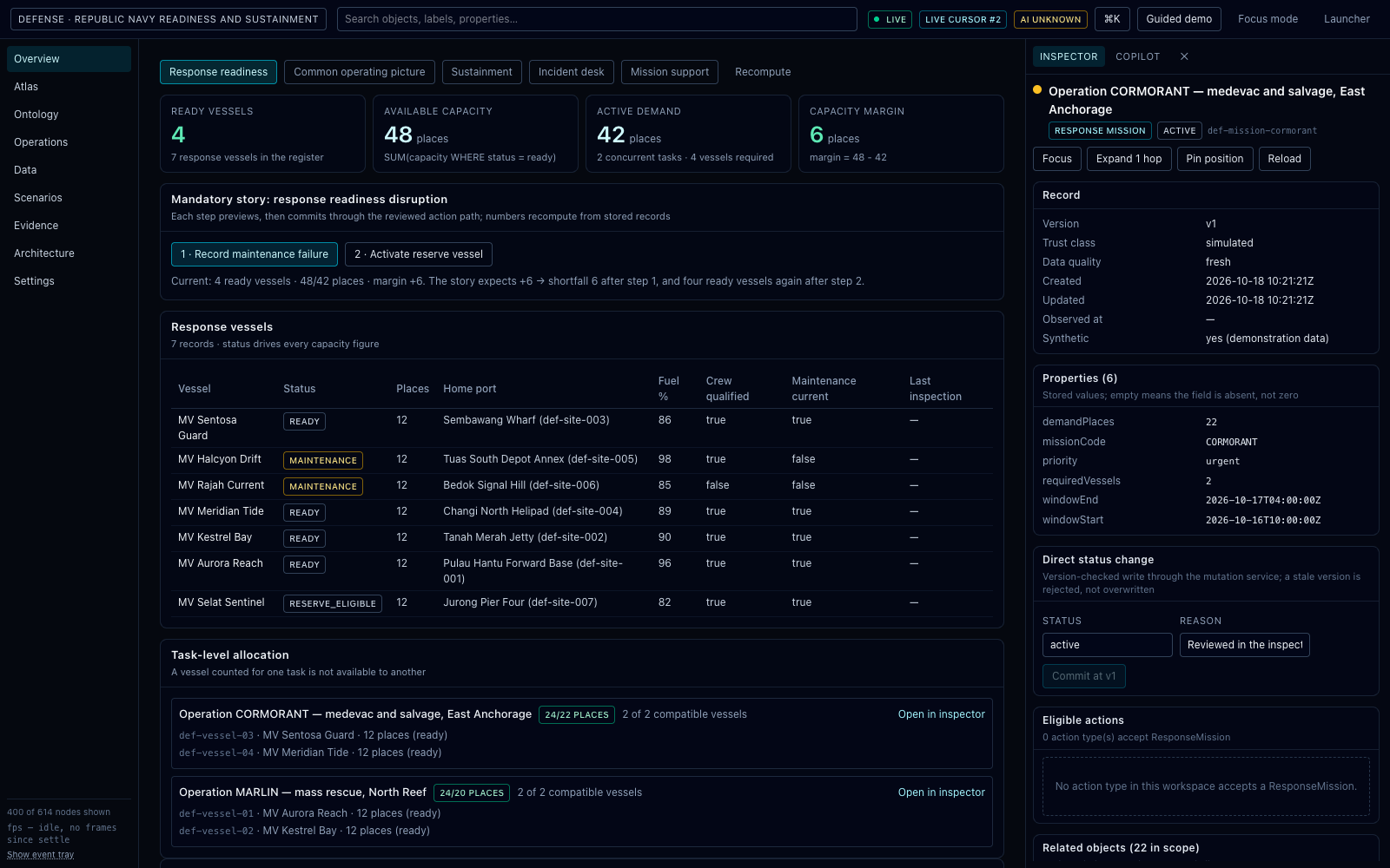 Workspace launcher: Two segment packs with live per-workspace counts, and a local service panel that names SurrealDB and the inference endpoint instead of hiding them.