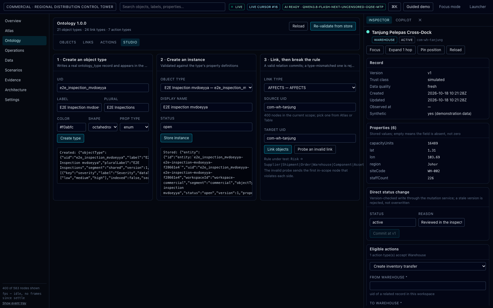 Ontology Studio: Object types and link types as editable records with cardinality rules — the model is stored data you can query.