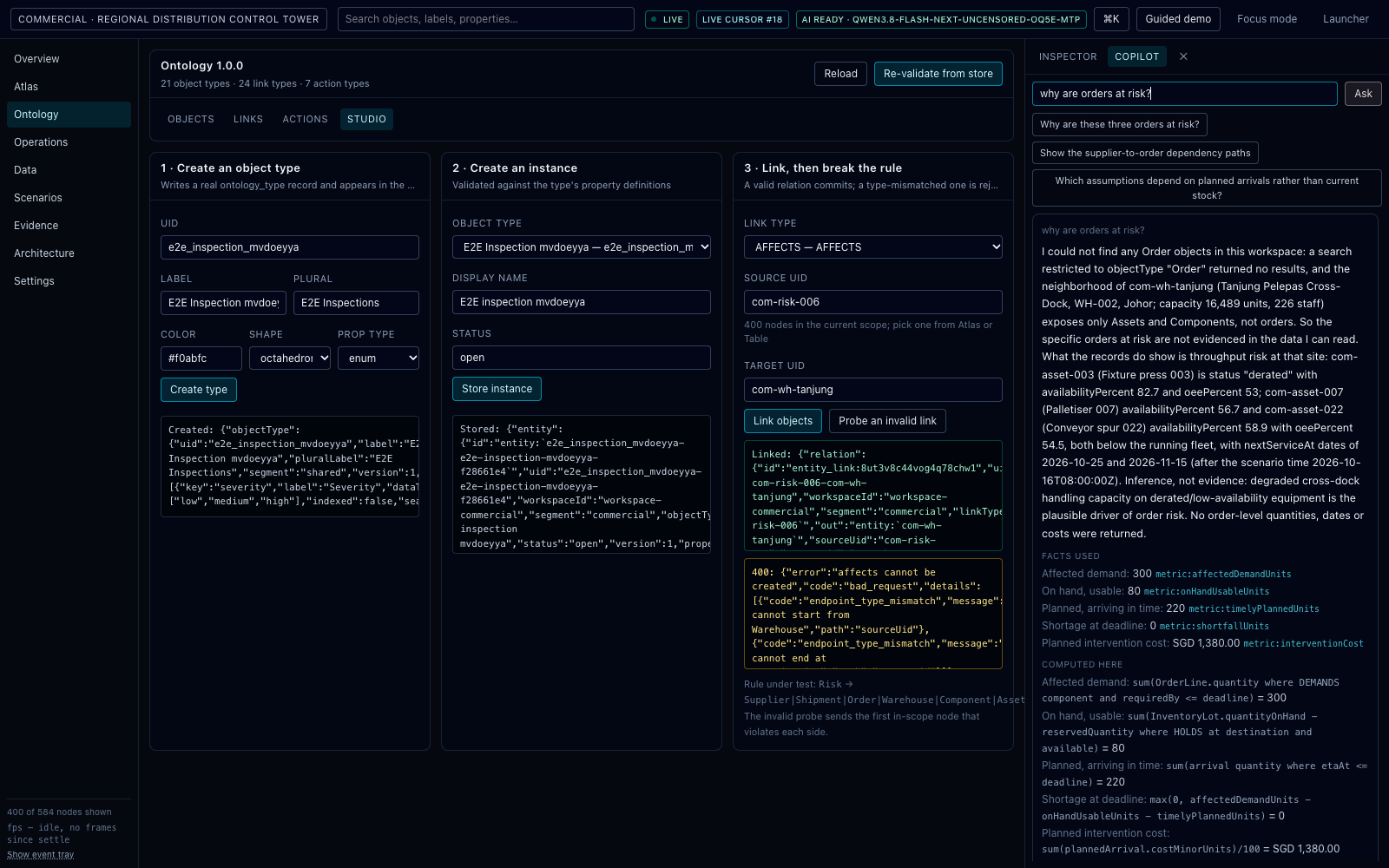 Copilot with citations: A grounded answer whose citations each select an object, with status, model name and elapsed milliseconds printed in the footer.
